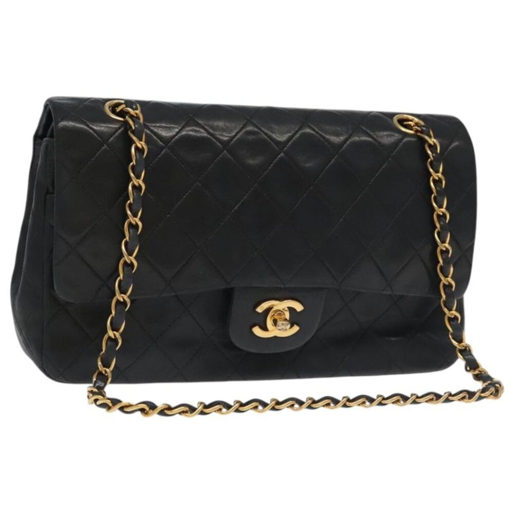 Chanel Vintage Classic Double Flap Quilted Lambskin Black Leather Shoulder Bag